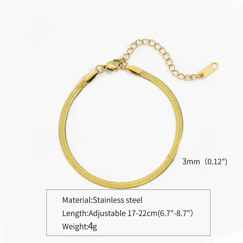 Gold flat herringbone chain bracelet, 3mm width