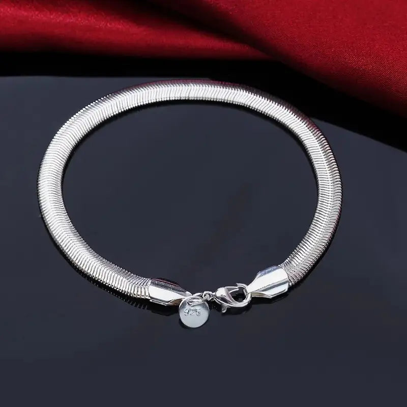 925 sterling silver wide flat herringbone chain bracelet with a lobster clasp