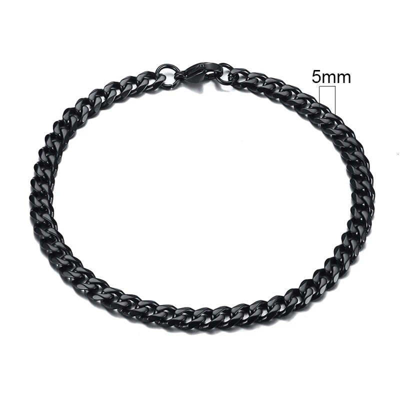 Black Cuban link chain bracelet, 5mm width