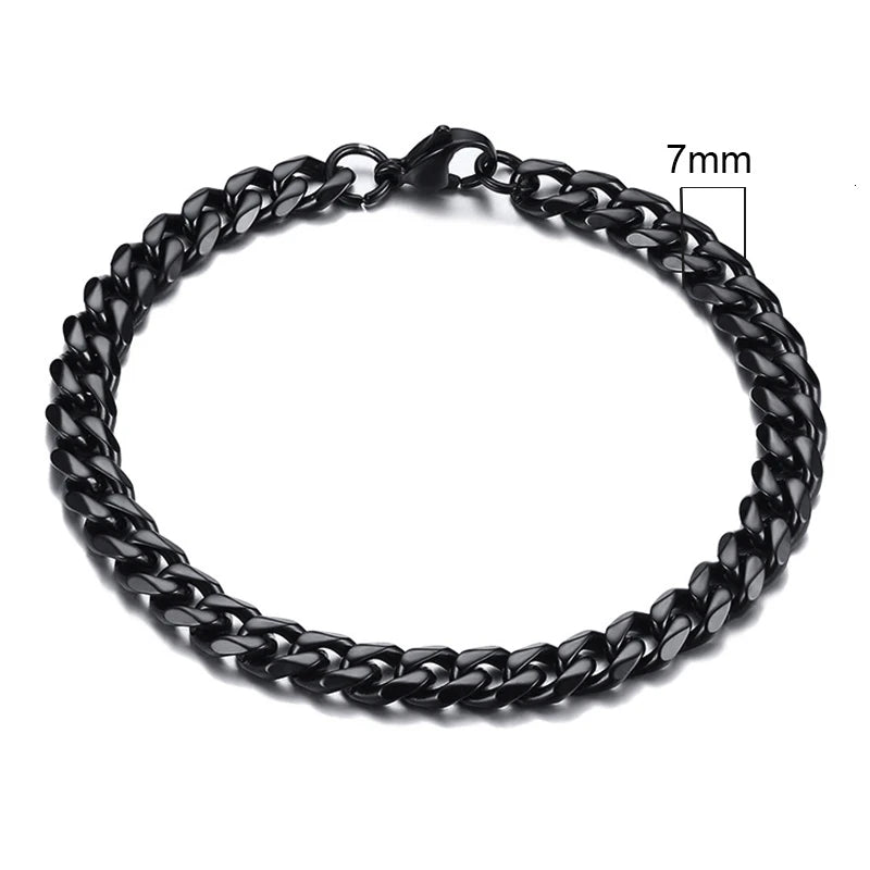 Black Cuban link chain bracelet, 7mm width