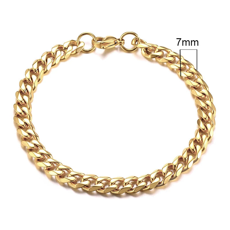 Gold Cuban link chain bracelet, 7mm width