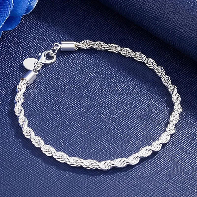 Minimalist 925 sterling silver bracelet featuring a timeless twisted rope chain pattern.