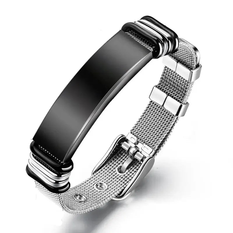 Customised Men's Bracelet – Apex Mesh ID Bracelet in the Black Silver finish with a blank black plate.