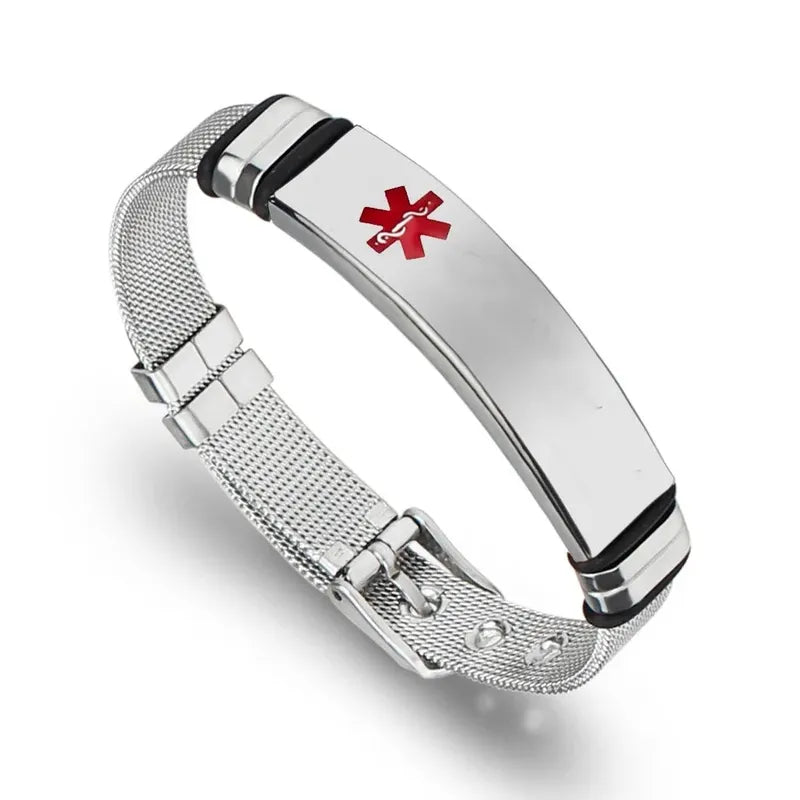 Customised Men's Bracelet – Apex Mesh ID Bracelet in the Medical Alert finish with a printed medical symbol.