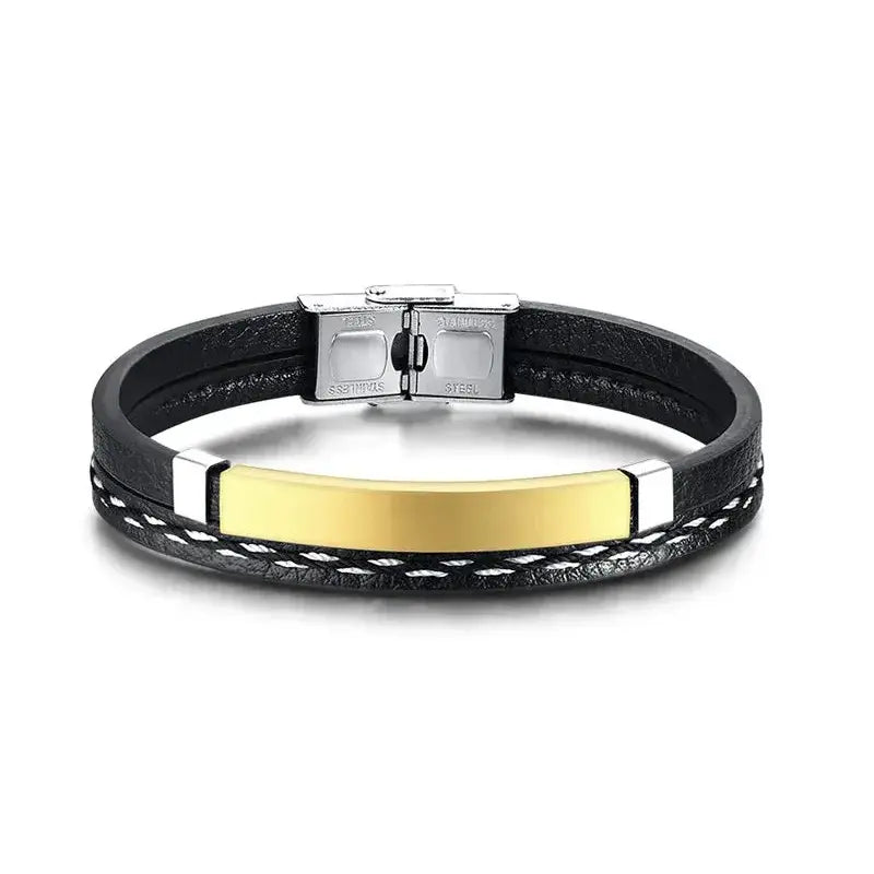 Crest leather bracelet with gold ID plate, product photo on white background.