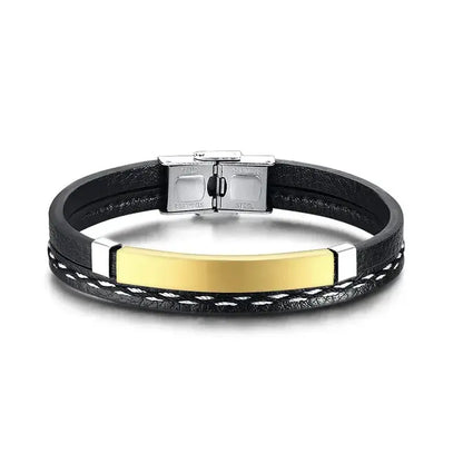 Crest leather bracelet with gold ID plate, product photo on white background.