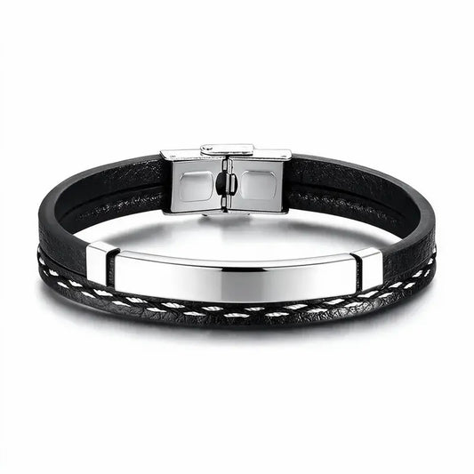 Crest black leather bracelet with silver ID plate, product photo on white background.