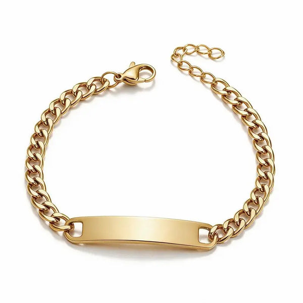 Forge gold chain link bracelet with engraved ID plate and adjustable extension chain, unclasped, product photo on white background.