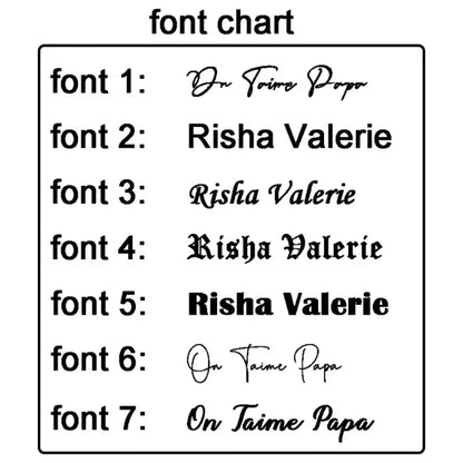 Font options chart for personalising the engraving on the Customised Men's Bracelet – Heritage Family Names Bracelet.