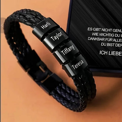 Customised Men's Bracelet – Heritage Family Names Bracelet with four engraved name beads on braided leather.