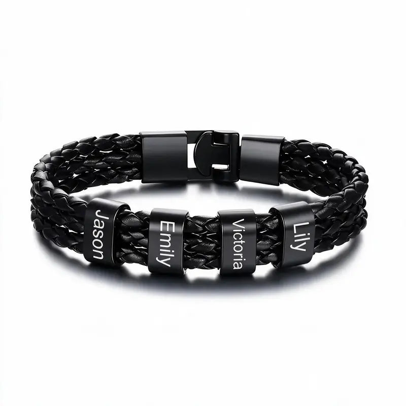 Heritage leather bracelet with engraved name plates, product photo on white background.