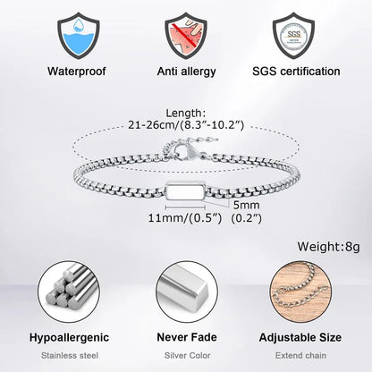 Dimensions and material specifications for the Customised Men's Bracelet – Kinship Box Chain Bracelet, including waterproof and hypoallergenic features.
