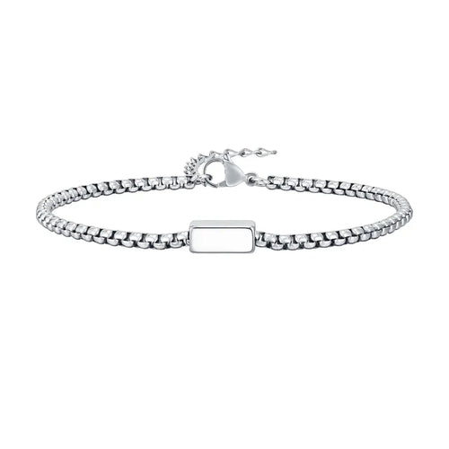 Customised Men's Bracelet – Kinship Box Chain Bracelet in the Silver finish with a blank engravable tab.