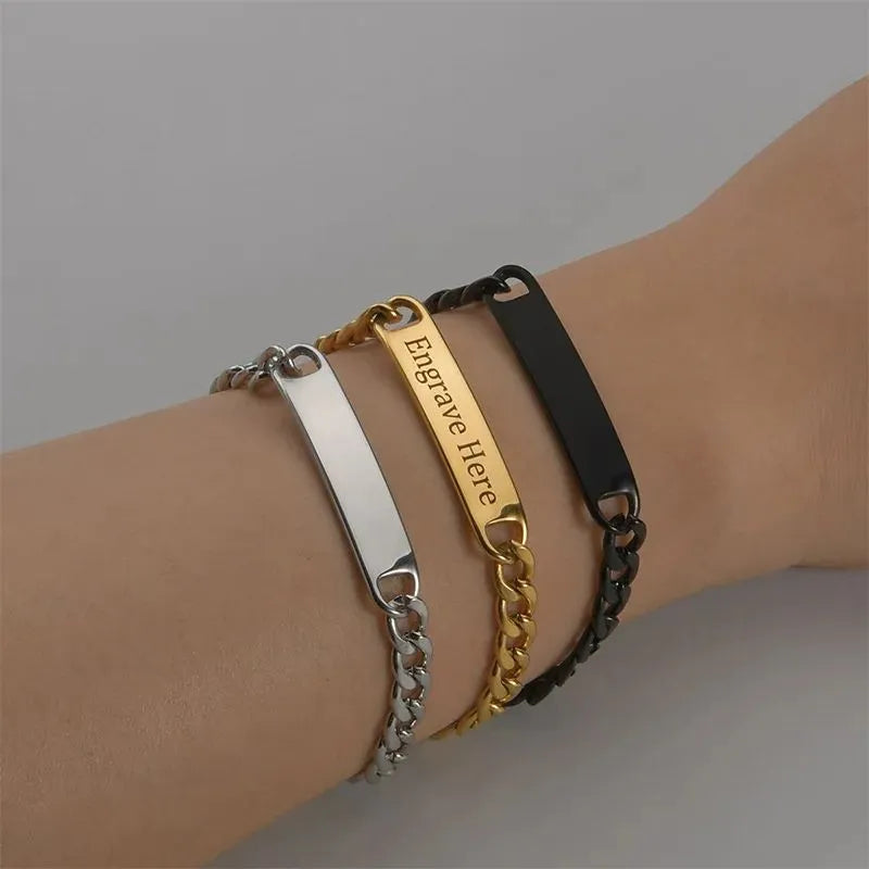 Personalised Customised Men's Bracelet with engraved gold nameplate and Cuban link chain.