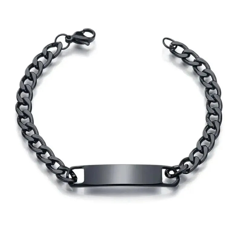 Blank black nameplate bracelet arched open on a white background