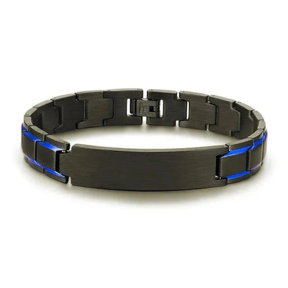 Customised Men's Bracelet – Marshal Line Watch-Band Bracelet in the Blue Line Black finish with a blank plate.