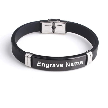Onyx silicone bracelet with black plate engraved 'Engrave Name'