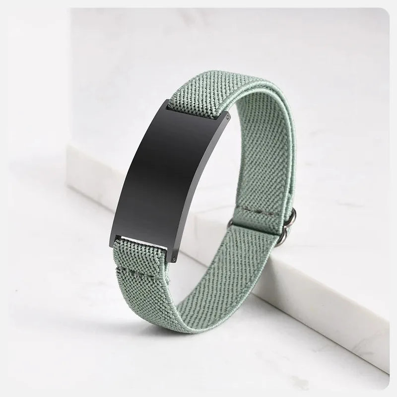 Pulse elastic ID bracelet in sage green with black-finish plate