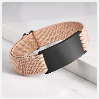 Pulse elastic ID bracelet in beige with black-finish plate
