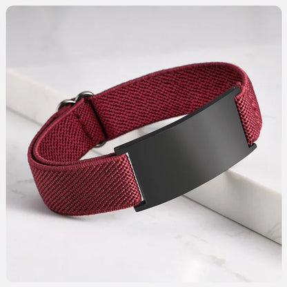 Pulse elastic ID bracelet in wine with black-finish plate