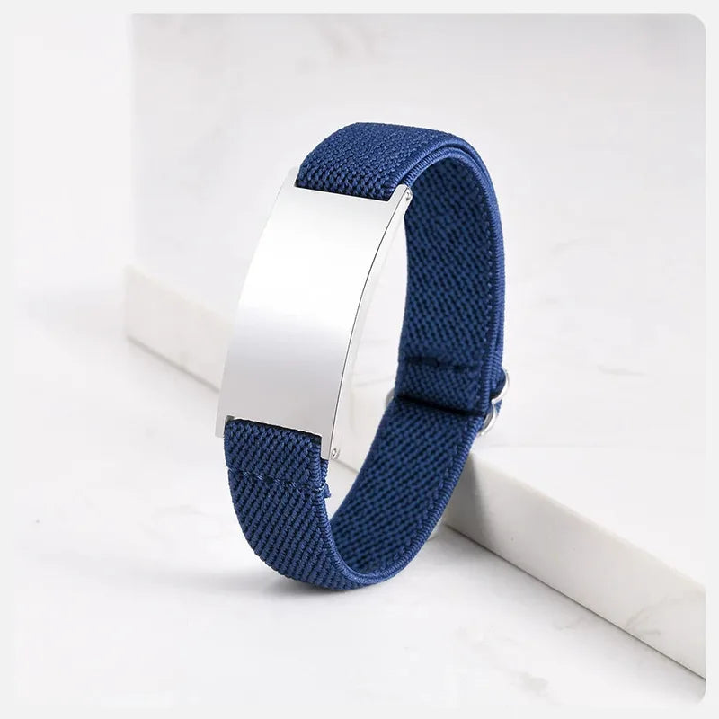 Pulse elastic ID bracelet in navy with silver-finish plate