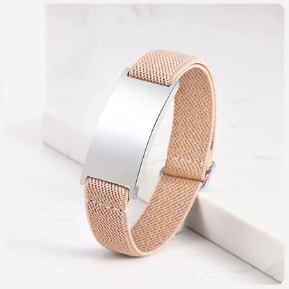Pulse elastic ID bracelet in beige with silver-finish plate