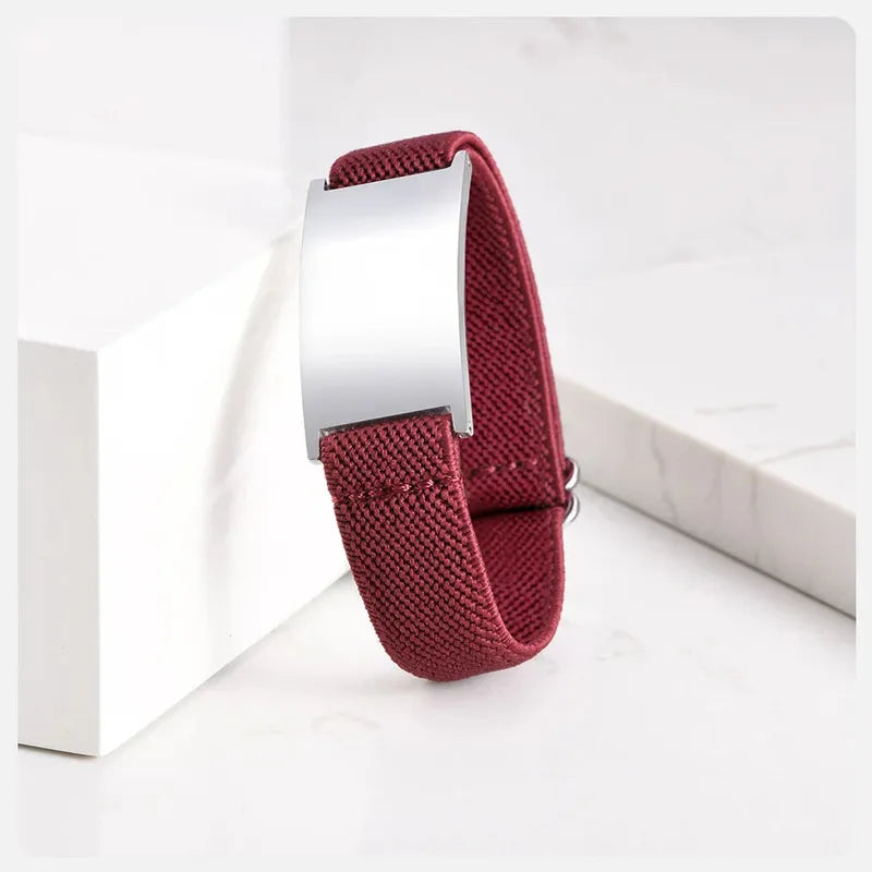 Pulse elastic ID bracelet in wine with silver-finish plate