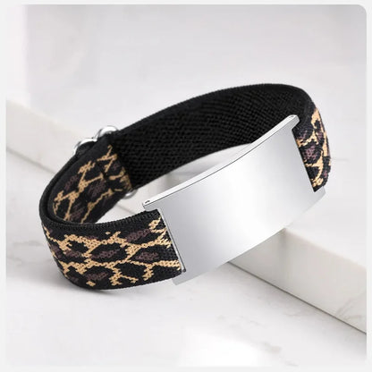 Pulse elastic ID bracelet in leopard print with silver-finish plate