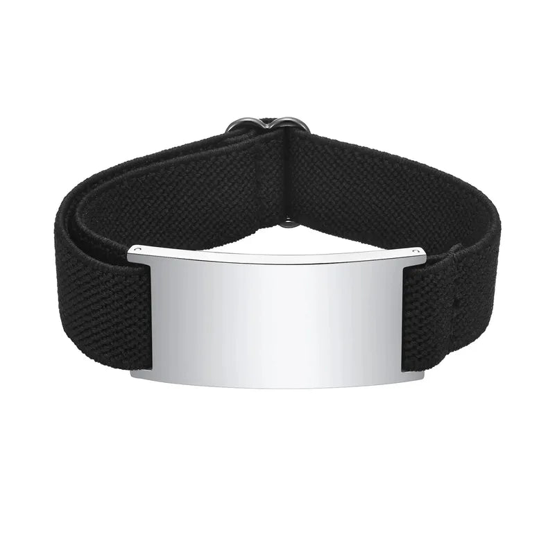 Pulse elastic ID bracelet in black with silver-finish plate