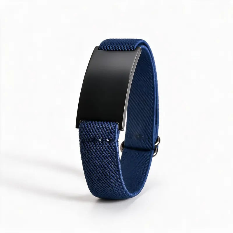 Pulse elastic ID bracelet in navy with black-finish plate, product photo on white background