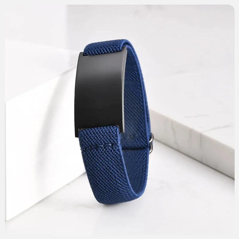 Pulse elastic ID bracelet in navy with black-finish plate