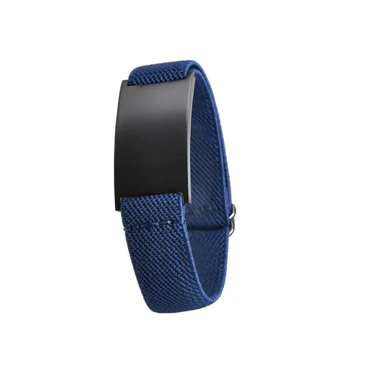 Pulse navy elastic band bracelet with black ID plate, product photo on white background.