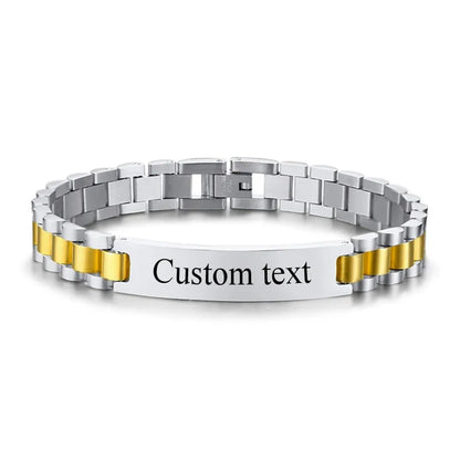 Customised Men's Bracelet – Regent Link Watch-Band Bracelet in Gold Silver two-tone with a "Custom text" engraving demo on the plate.