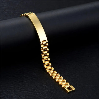 Customised Men's Bracelet – Regent Link Watch-Band Bracelet in the Gold finish on a dark background.