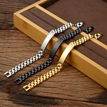 Silver, Black and Gold versions of the Customised Men's Bracelet – Regent Link Watch-Band Bracelet shown together.