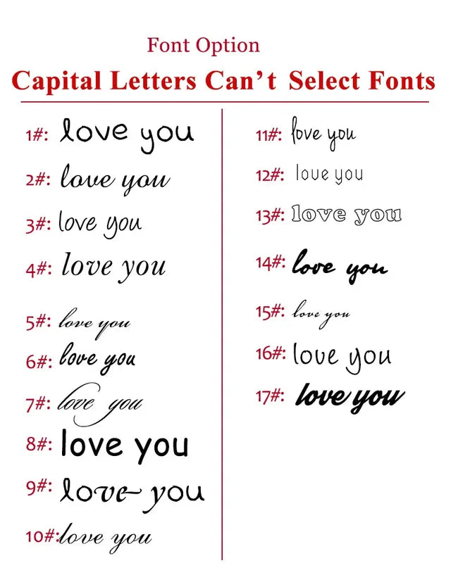 Font options chart for personalising the engraving on the Customised Men's Bracelet – Regent Link Watch-Band Bracelet.