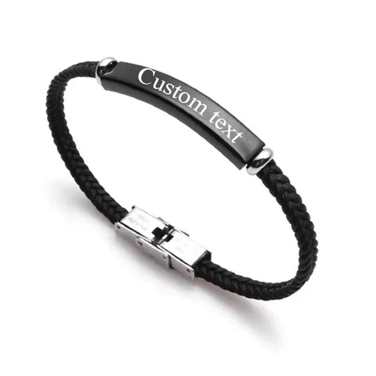 Renegade black braided cord bracelet with black ID plate, product photo on white background.