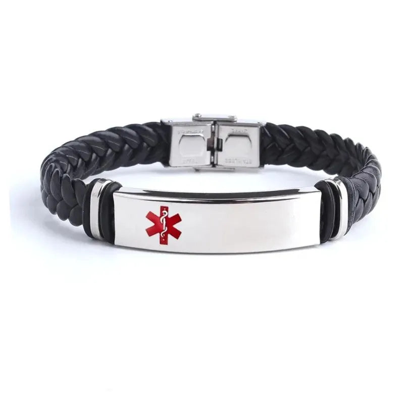 Customised Men's Bracelet in the medical alert style, featuring a red medical symbol on the stainless steel ID plate.