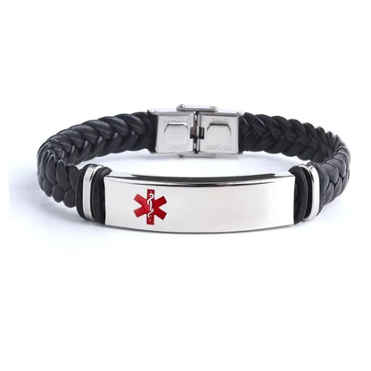 Customised Men's Bracelet in the medical alert style, featuring a red medical symbol on the stainless steel ID plate.