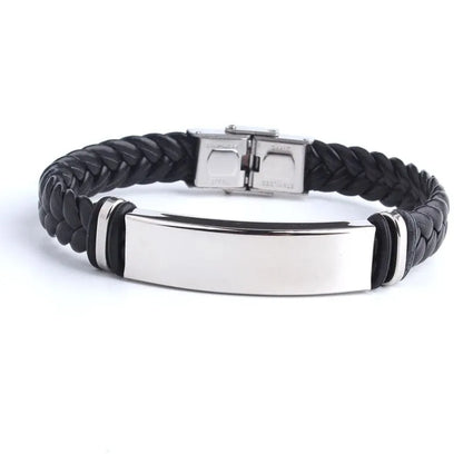 Customised Men's Bracelet – Sentinel Leather ID Bracelet in black braided leather with a blank stainless steel plate ready for engraving.