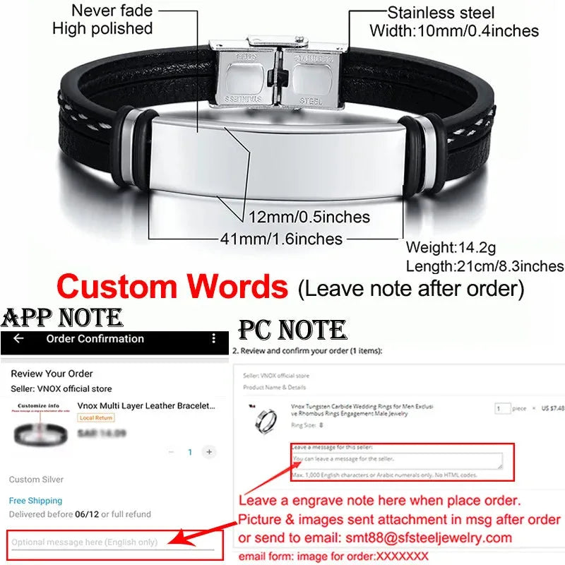 Slate wide leather bracelet with silver ID plate and dimensions