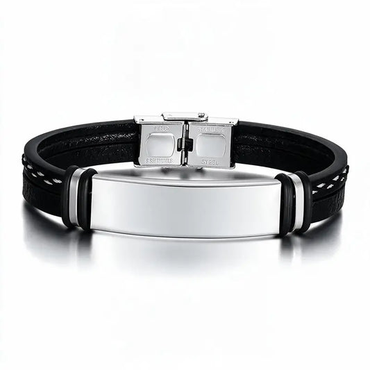 Slate wide leather bracelet with blank silver ID plate, on a plain white background.