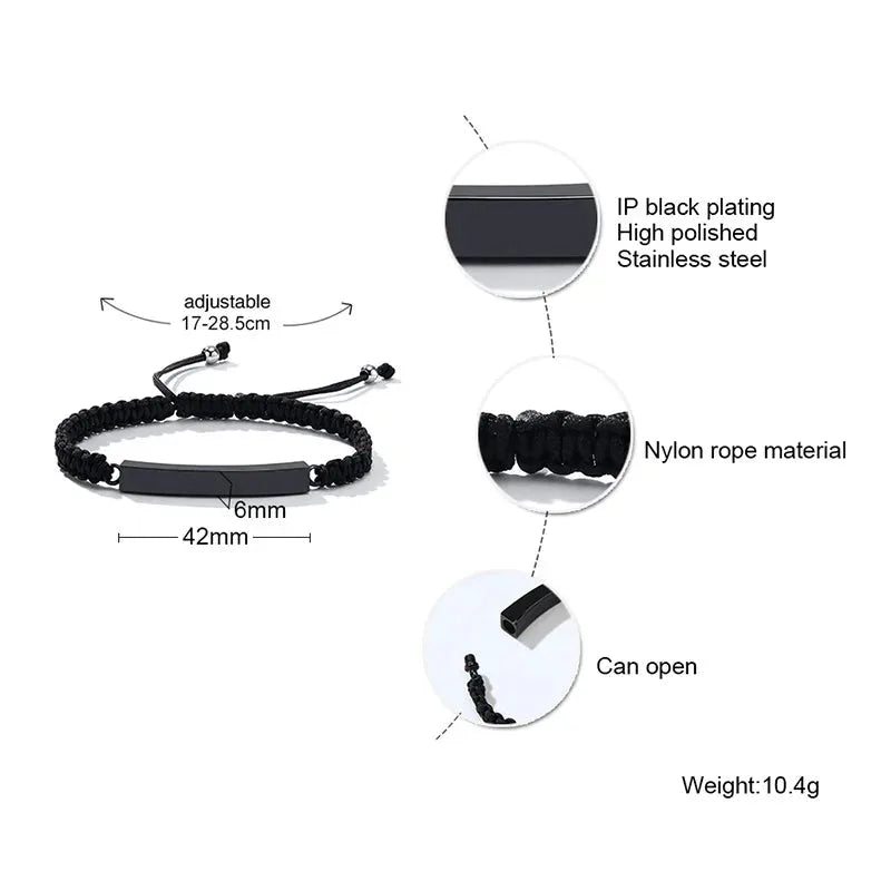 Solace bracelet specifications: IP black plating, nylon rope, adjustable 17-28.5cm