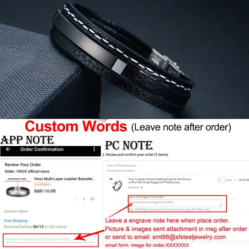 Tailor stitched leather bracelet with blank black ID plate