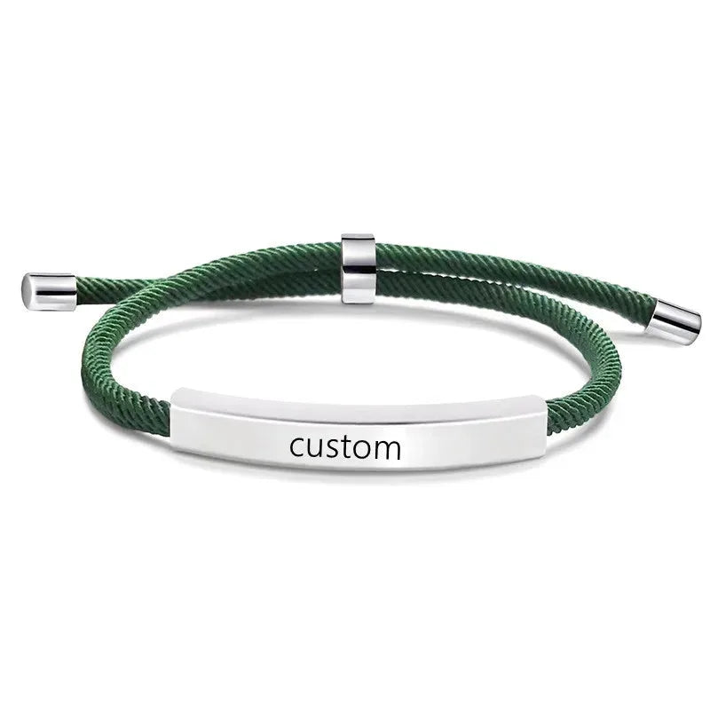 Voyager adjustable cord bracelet in green with silver-tone nameplate, engraved custom text