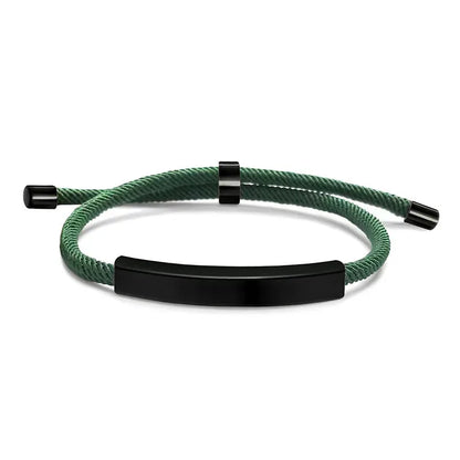 Voyager adjustable cord bracelet in green with black-tone nameplate