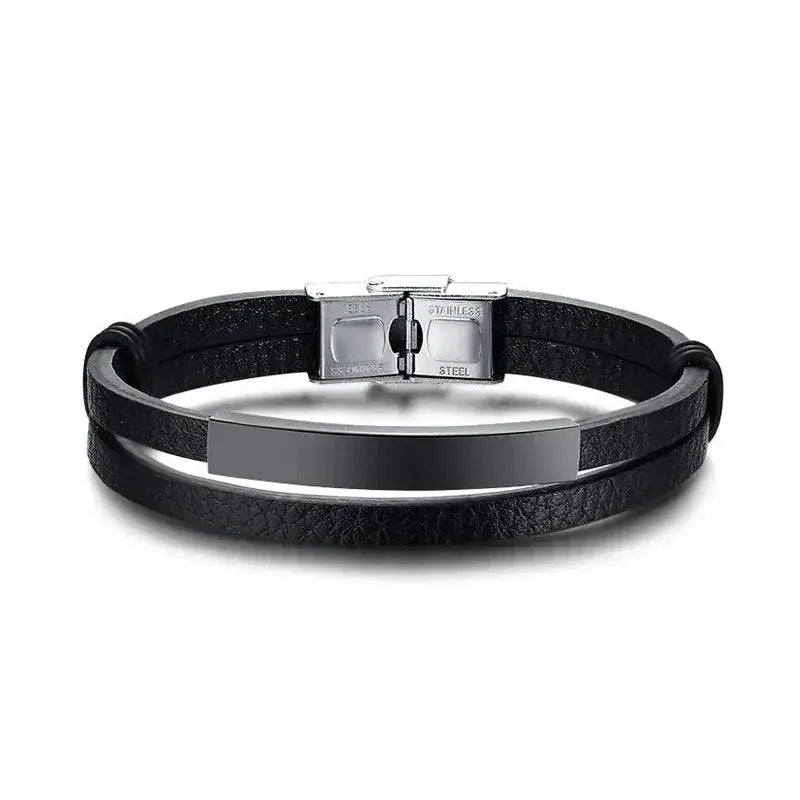 Weave leather bracelet with black ID plate, product photo on white background.