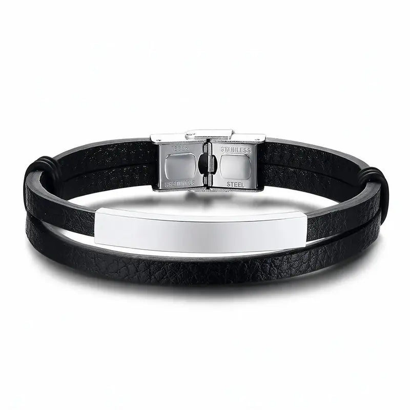 Weave leather bracelet with blank silver ID plate, on a plain white background.
