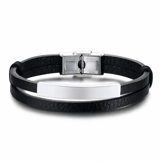 Weave leather bracelet with blank silver ID plate, on a plain white background.