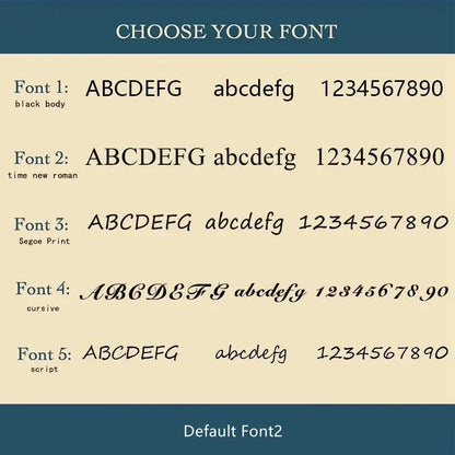 Font options chart for personalising the engraving on the Customised Men's Bracelet – Whisper Cuff Bangle.